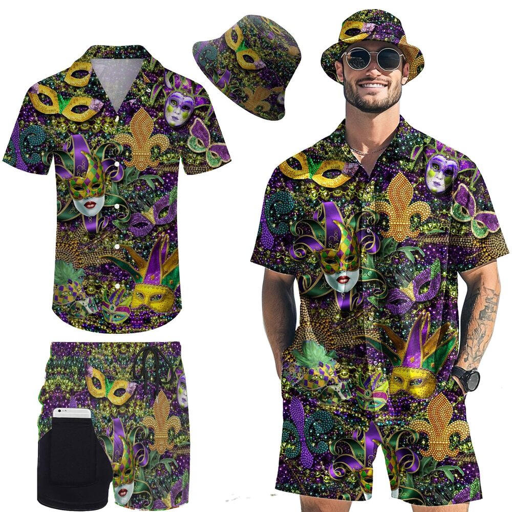 2391 Mardi Gras Rave Shirts For Men, Mens 2 Pieces Outfits